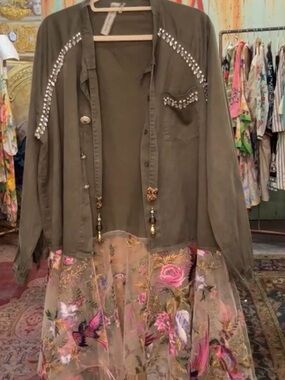 Aratta Olive Embellished Button-Down Top with crystal Details and Embroidery